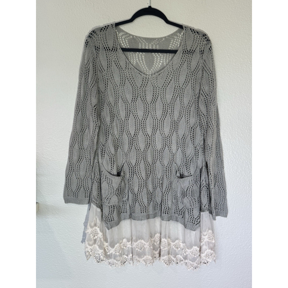 Anthropologie Lace Hem Knot Sweater Boho Layered Look Size Large